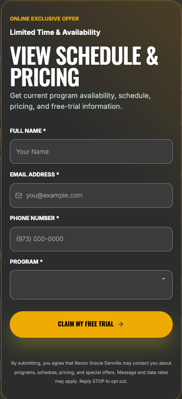 Renzo Gracie Denville schedule and pricing form